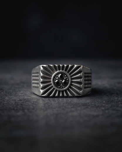 Celestial Sunburst Dark-Triple-Crystal Stippled Band Silver Ring