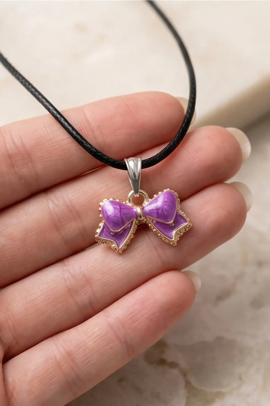 Glossy Purple Bow Enamel Pendant Necklace