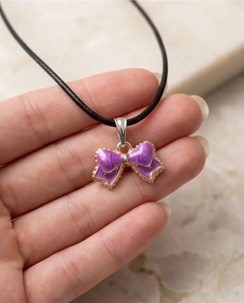Glossy Purple Bow Enamel Pendant Necklace