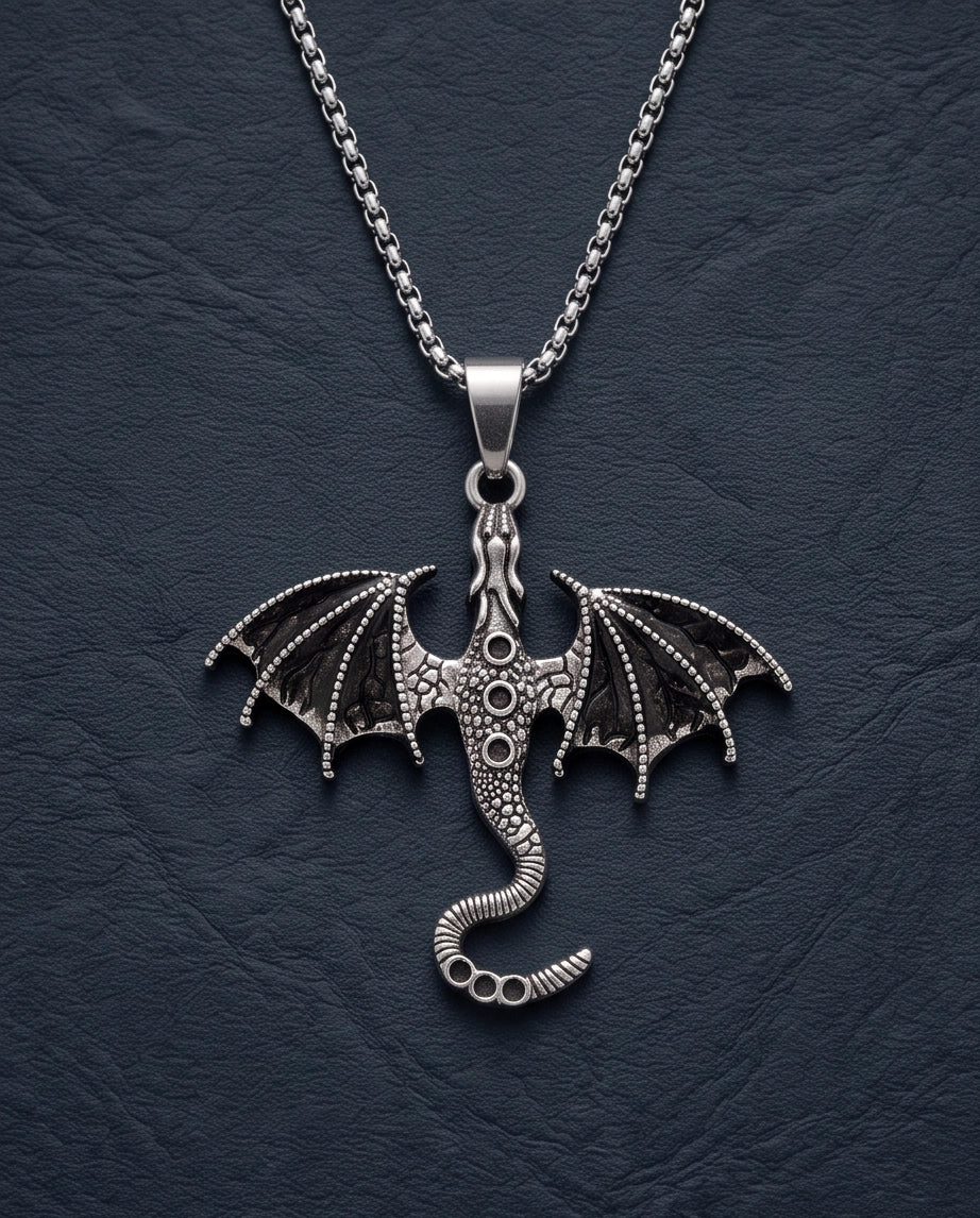 Silver Oxidized Dragon Wyvern Pendant Necklace