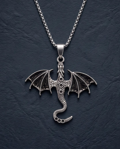 Silver Oxidized Dragon Wyvern Pendant Necklace