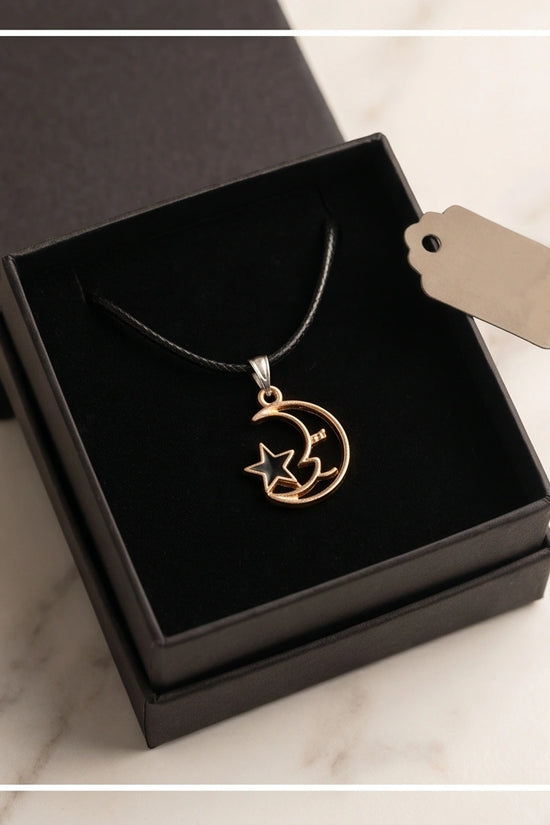 Gold Crescent Moon and Black Star Necklace