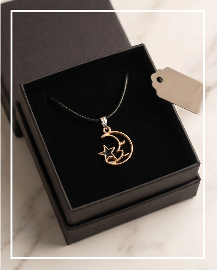 Gold Crescent Moon and Black Star Necklace