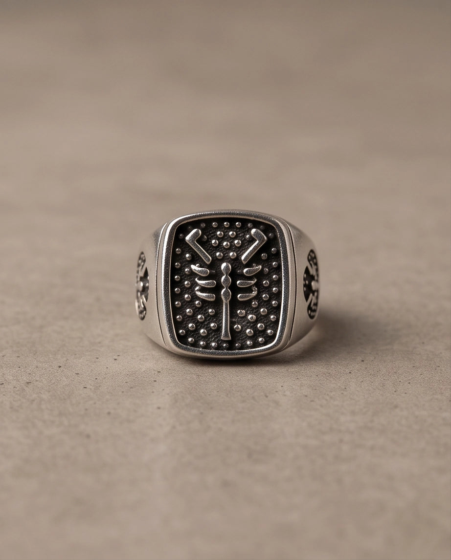 Arachnid Stippled Square Signet Silver Ring