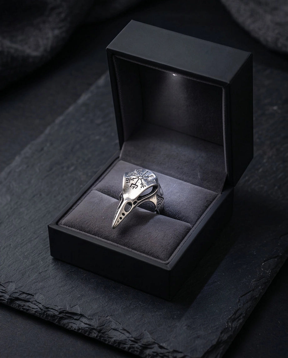 Oxidized Silver Raven Skull Vegvisir Ring