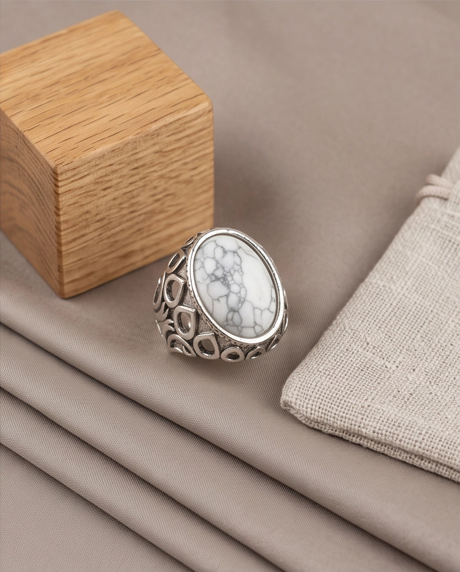 Howlite Cabochon Filigree Silver Ring