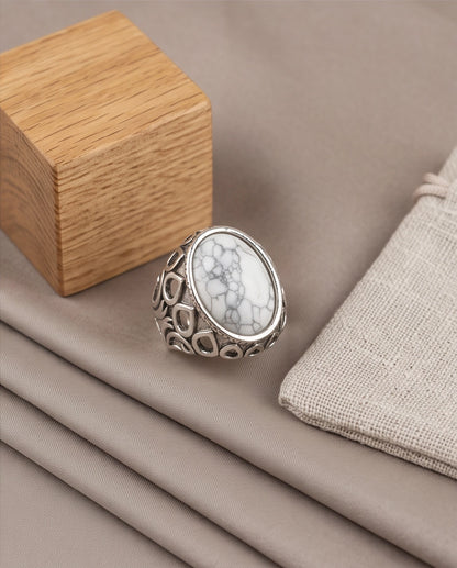 Howlite Cabochon Filigree Silver Ring