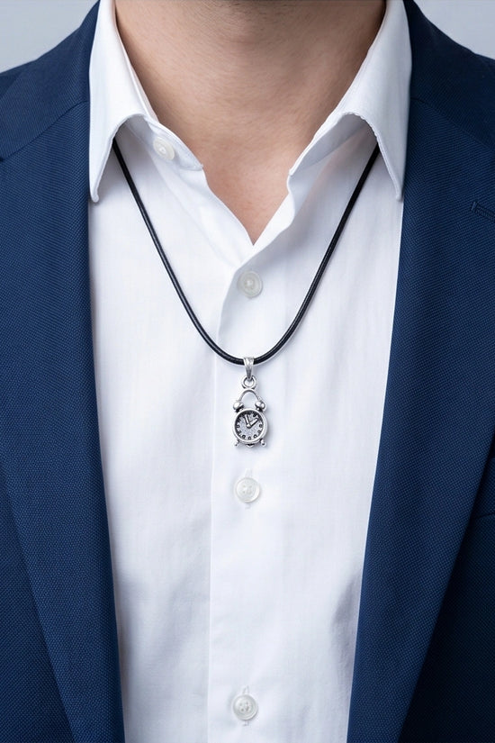 Silver Retro Alarm Clock Pendant Necklace