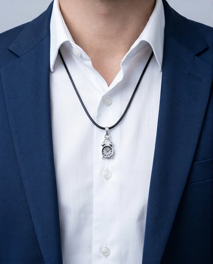 Silver Retro Alarm Clock Pendant Necklace