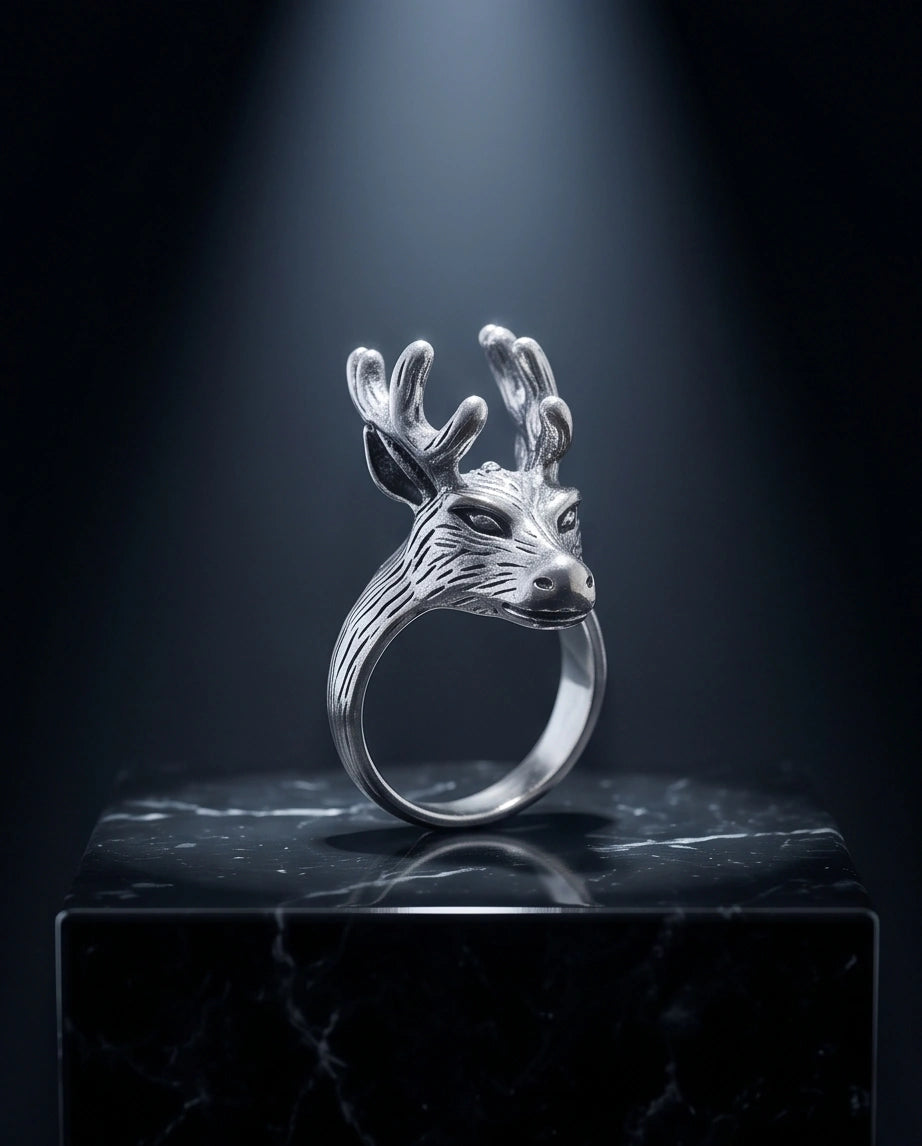 Vintage Silver Oxidized Stag Deer Antler Statement Ring