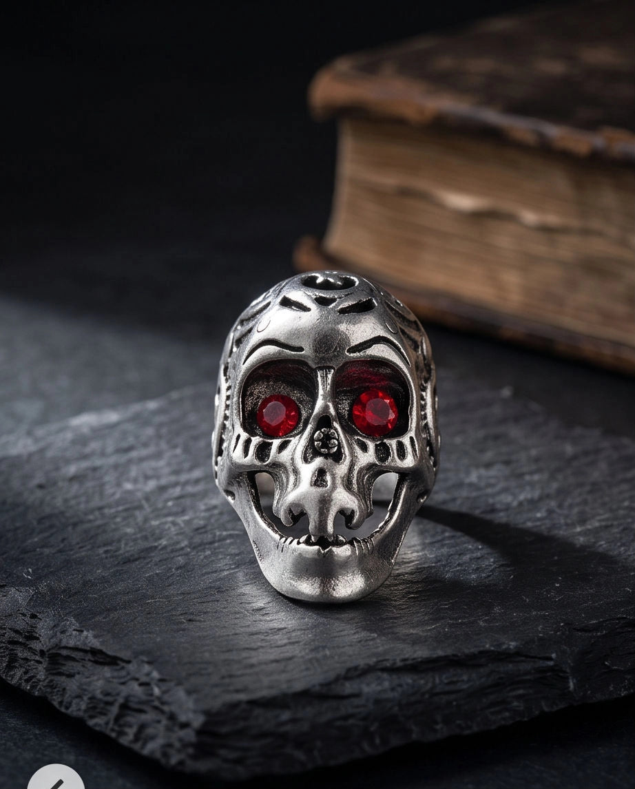 Ruby-Eyed Sculpted Sugar Skull Ring