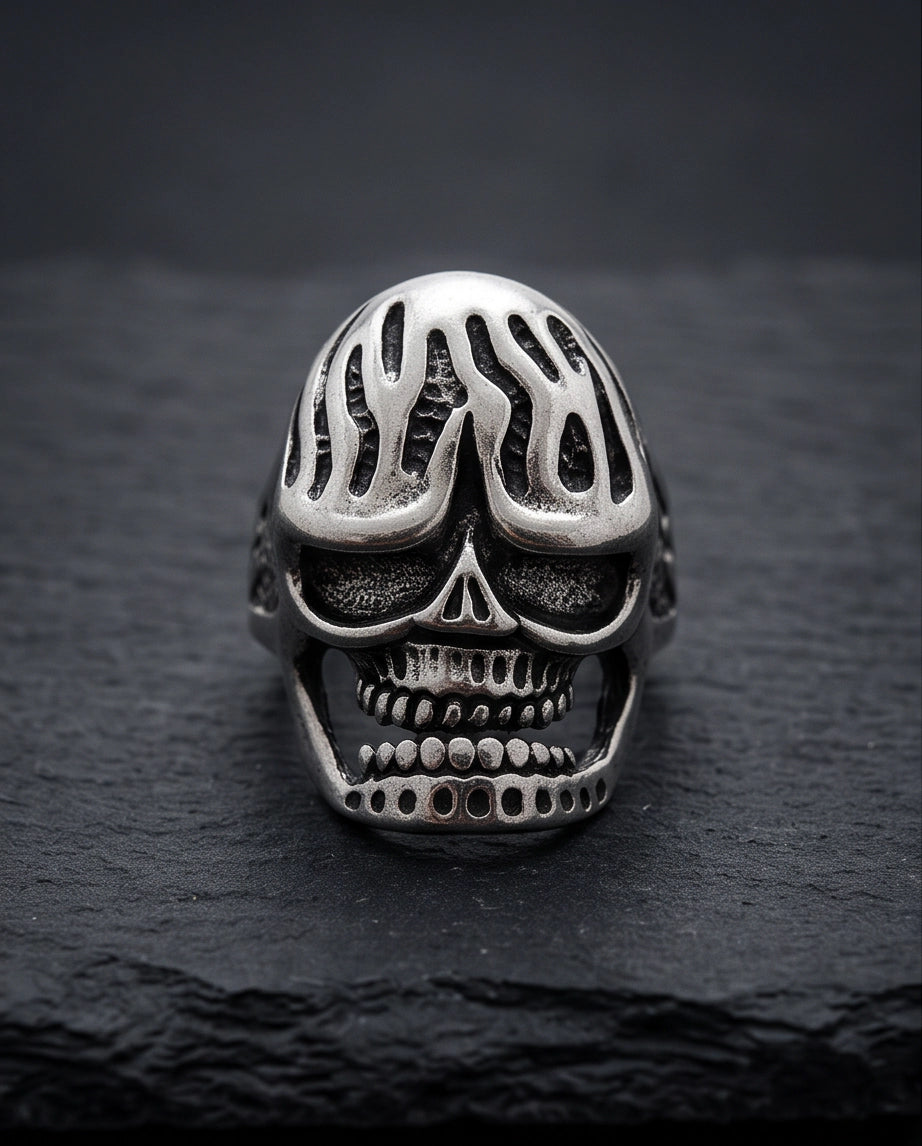 Fluted Flame-Crown Anatomical Skull Silver Ring