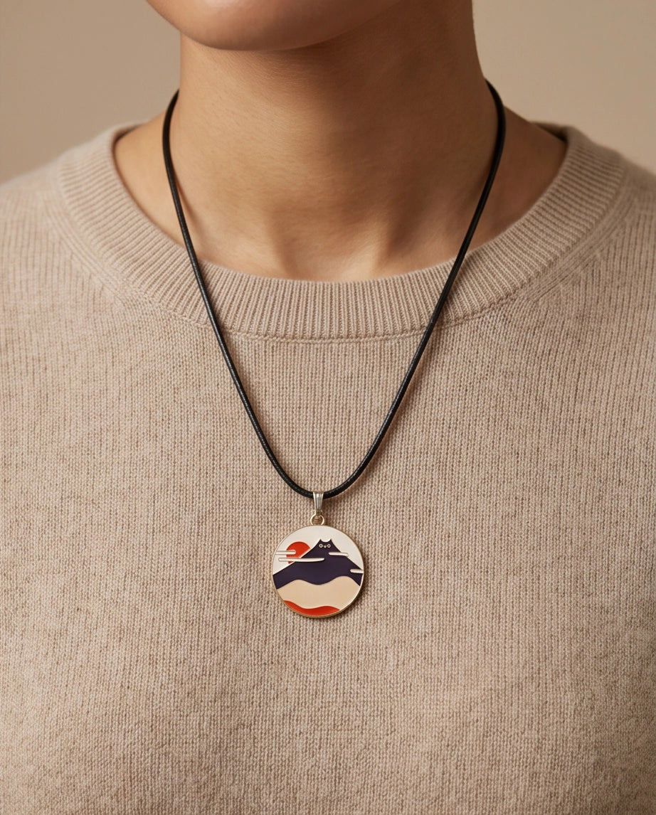 Japanese Mountain & Cat Enamel Pendant Necklace