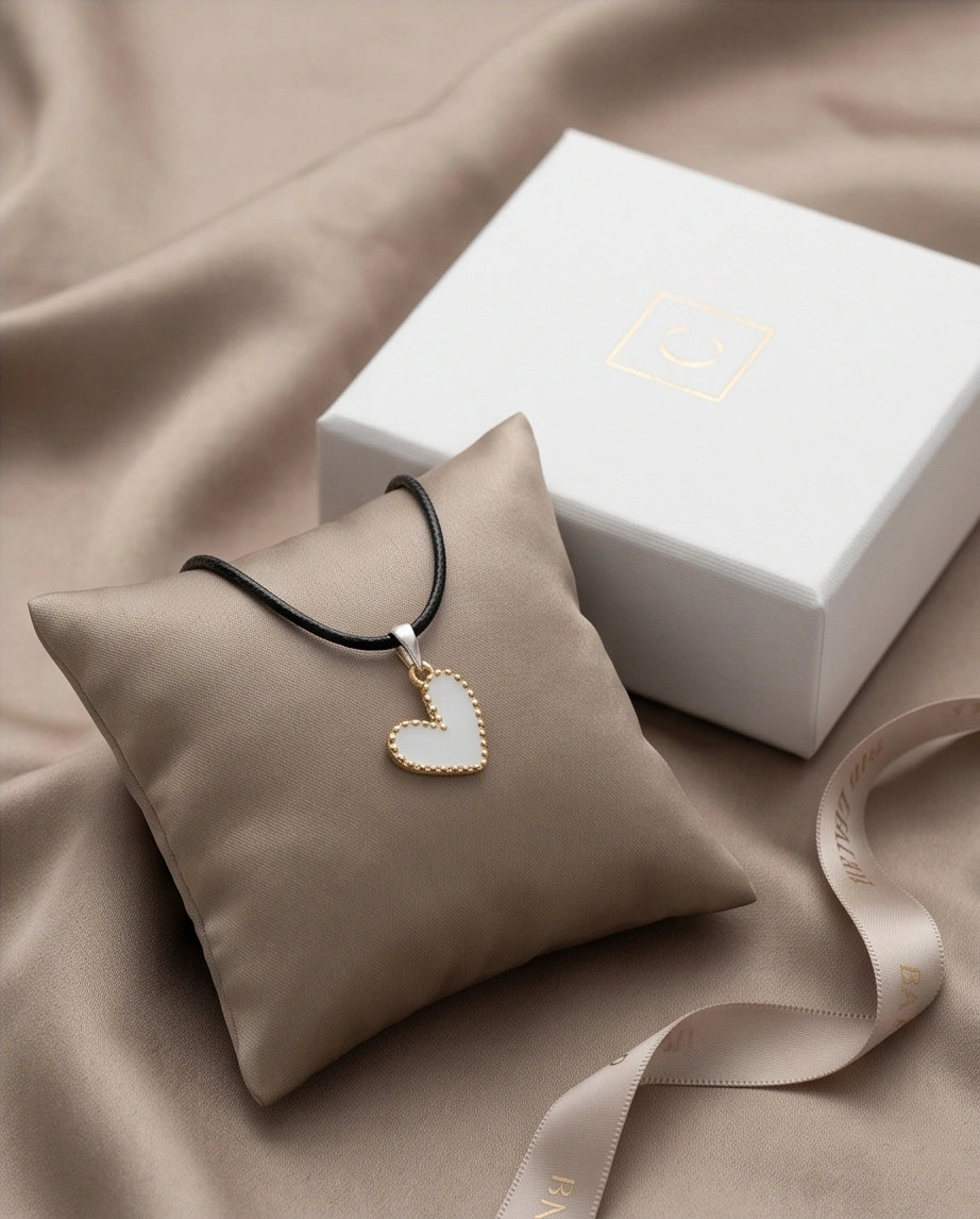 Gold and White Beaded Heart Necklace