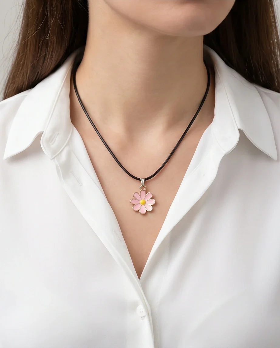 Light Pink Daisy Enamel Pendant Necklace