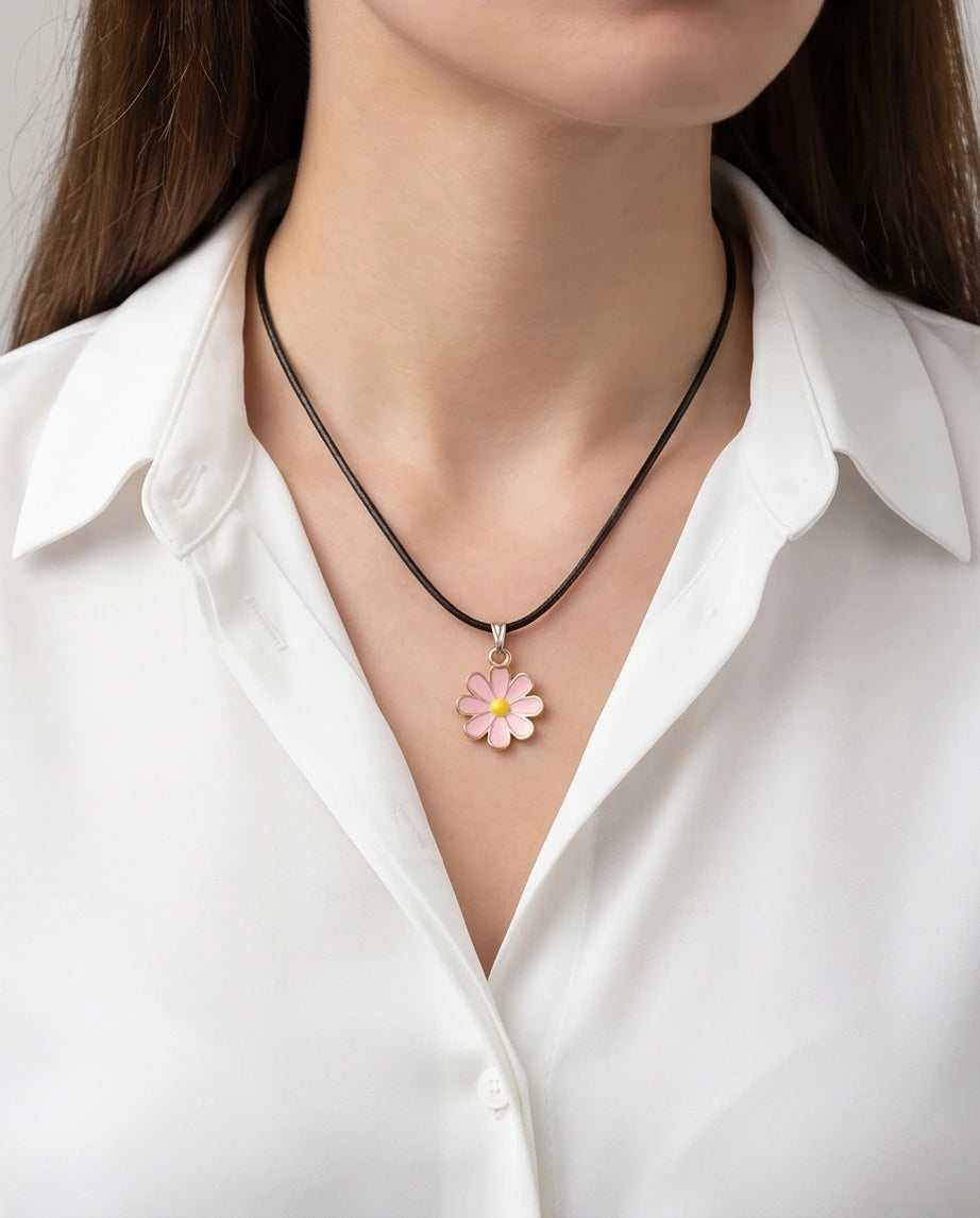 Light Pink Daisy Enamel Pendant Necklace