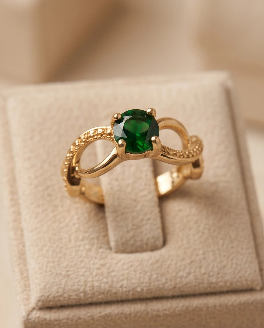 14K Gold Emerald Round Infinity Twist Ring