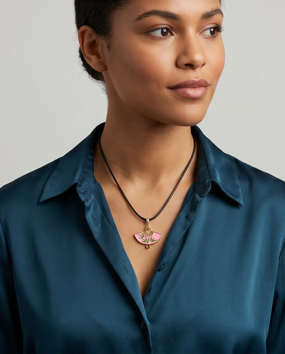Pink Enamel Bamboo Fan Pendant Necklace