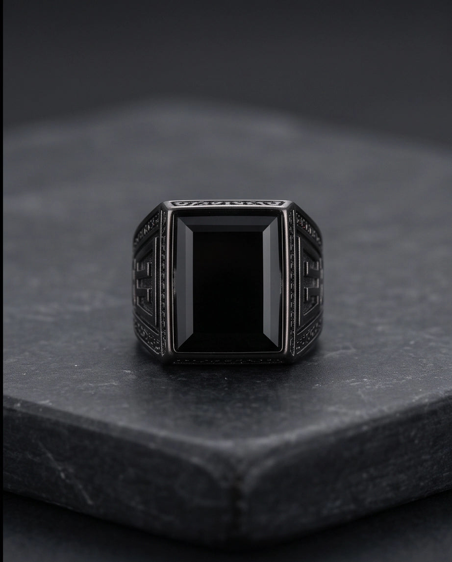 Jet Black Emerald-Cut Onyx Geometric Architectural Silver Ring