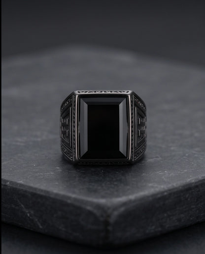 Jet Black Emerald-Cut Onyx Geometric Architectural Silver Ring