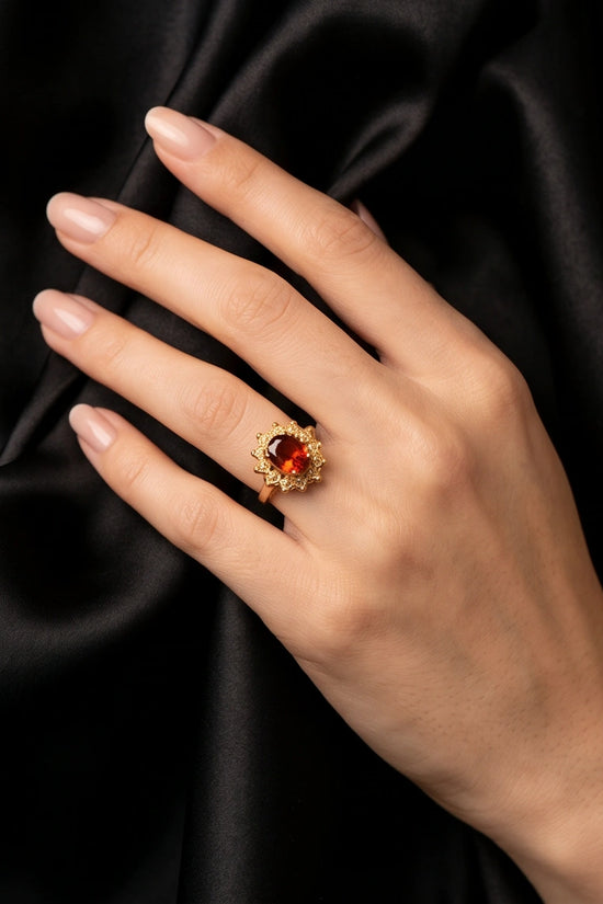 Vintage Gold Oval Garnet Victorian Halo Ring