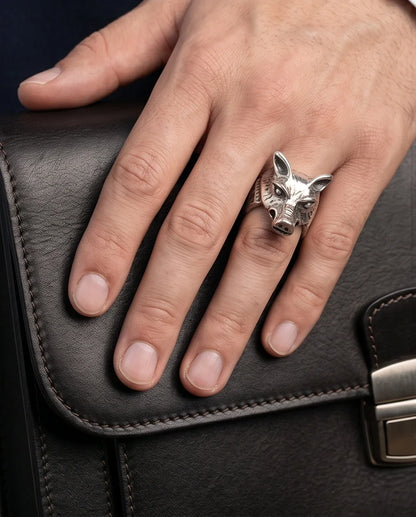 Vintage Silver Oxidized Wolf Head Viking Statement Ring