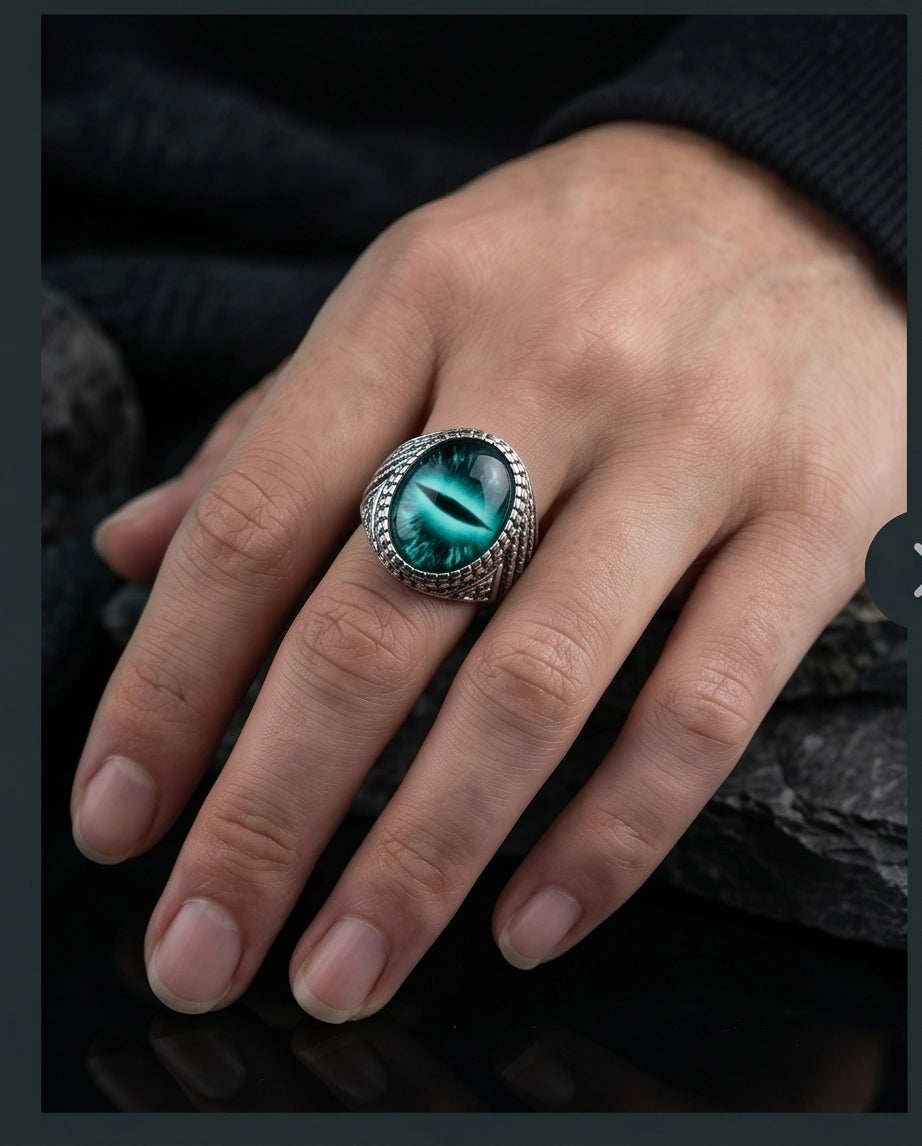 Vintage Sterling Silver Serpent Scale Deep Teal Eye Ring