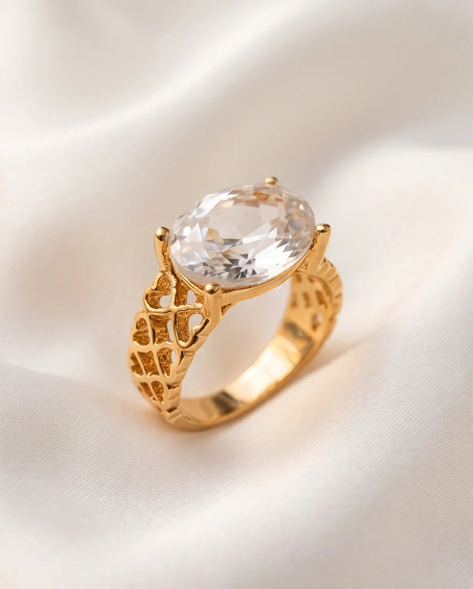 Gold Plated Clear Crystal Filigree Heart Ring