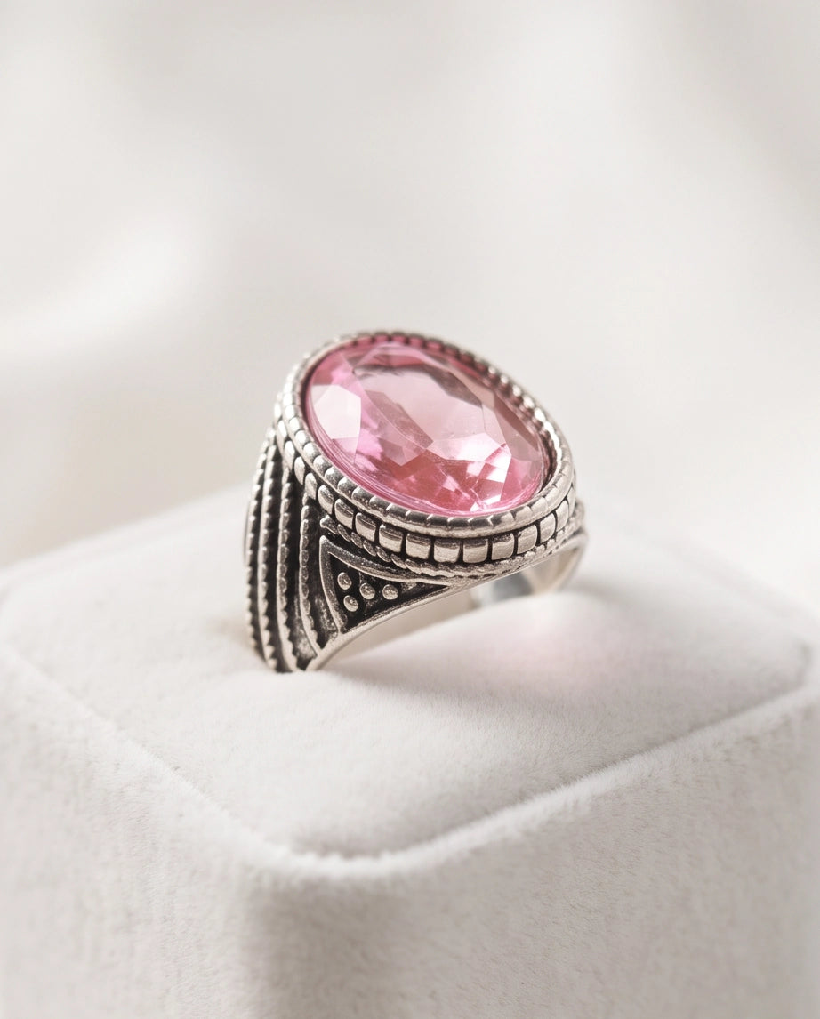 Rose Gemstone Beaded Scale Silver Ring