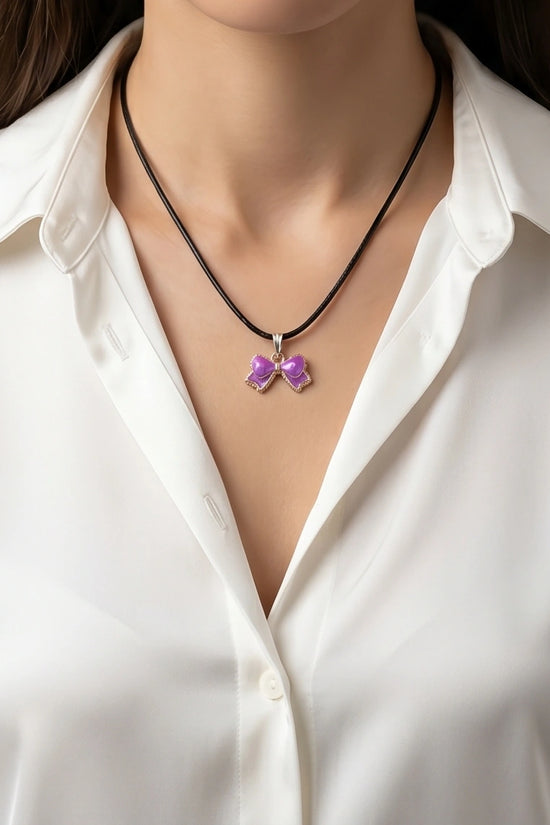 Glossy Purple Bow Enamel Pendant Necklace