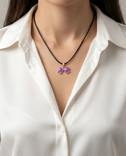 Glossy Purple Bow Enamel Pendant Necklace