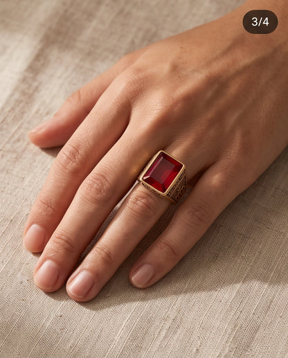 Crimson Ruby Emerald-Cut Gemstone Crown Motif Gold Ring
