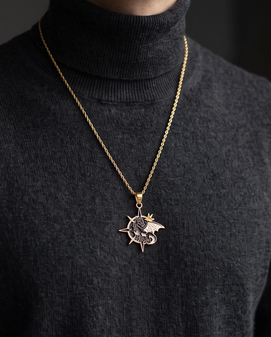 Gold Celestial Compass Dragon Black & White Enamel Pendant Necklace