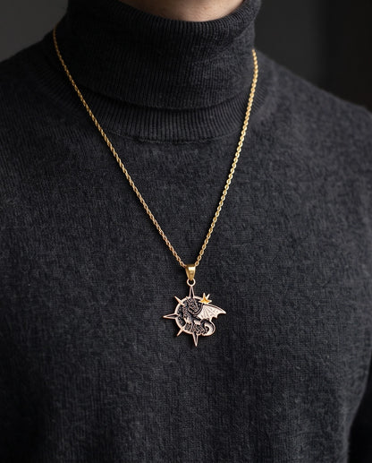 Gold Celestial Compass Dragon Black & White Enamel Pendant Necklace