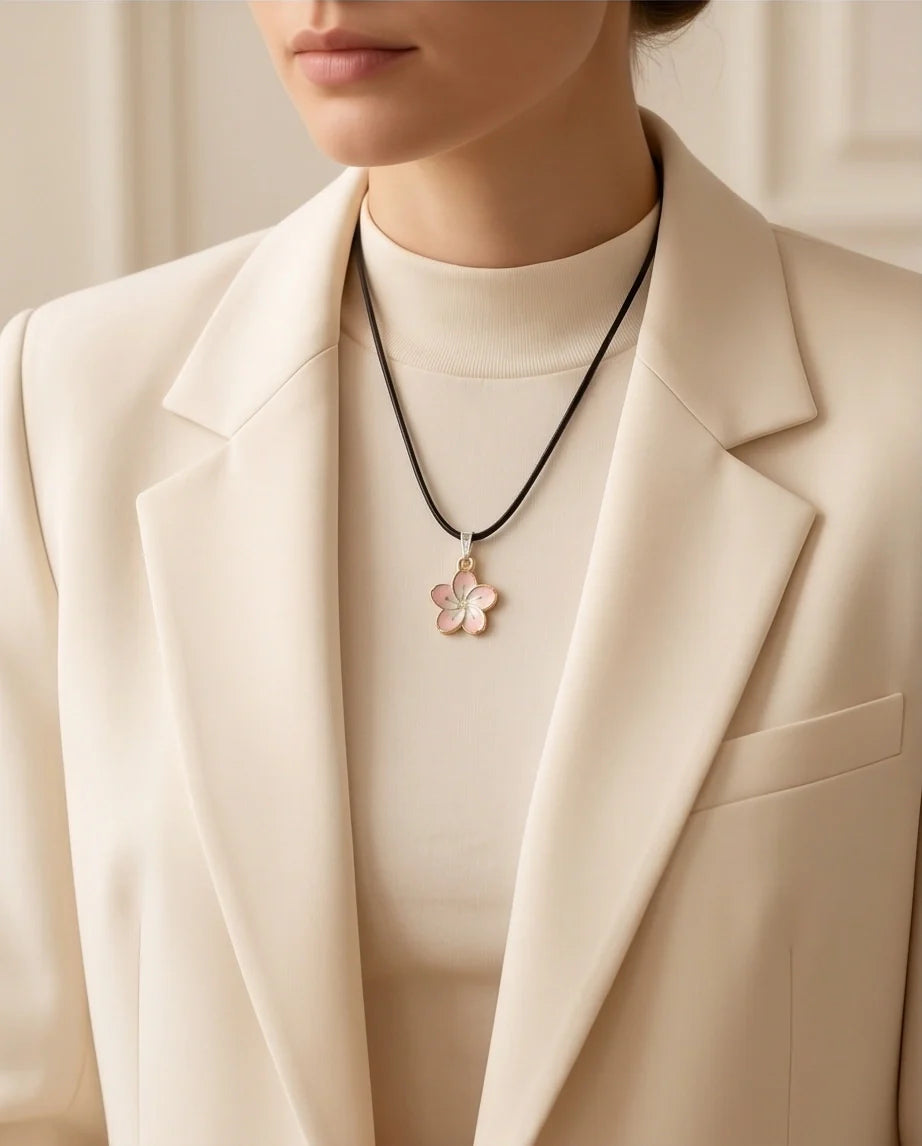 Blushing Cherry Blossom Enamel Pendant Necklace