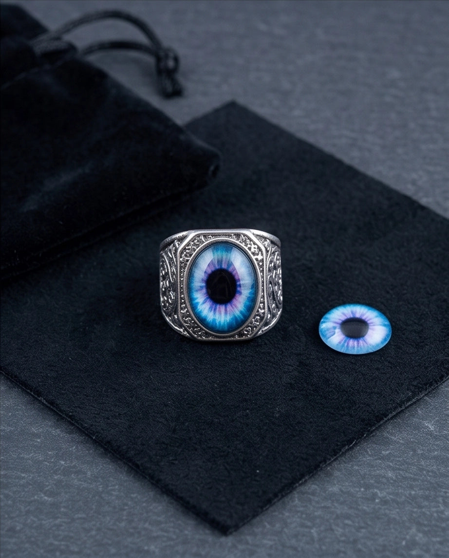 Nebula Blue-Purple Evil Eye Cabochon Gothic Filigree Silver Ring