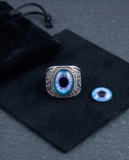 Nebula Blue-Purple Evil Eye Cabochon Gothic Filigree Silver Ring