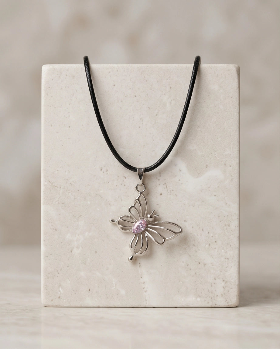 Openwork Butterfly Gemstone Cord Necklace