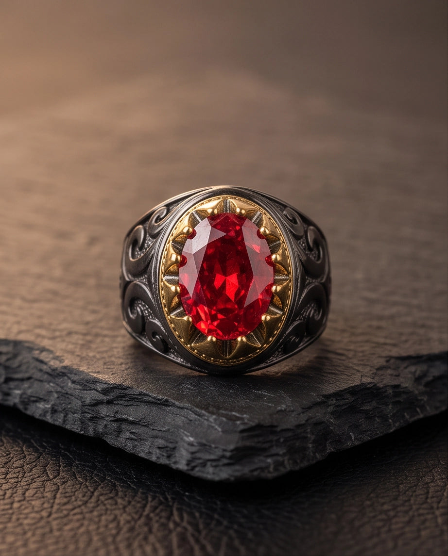 Celestial Crimson Sunburst Signet Ring