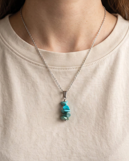 Silver Stacked Raw Turquoise Chip Stone Pendant Necklace