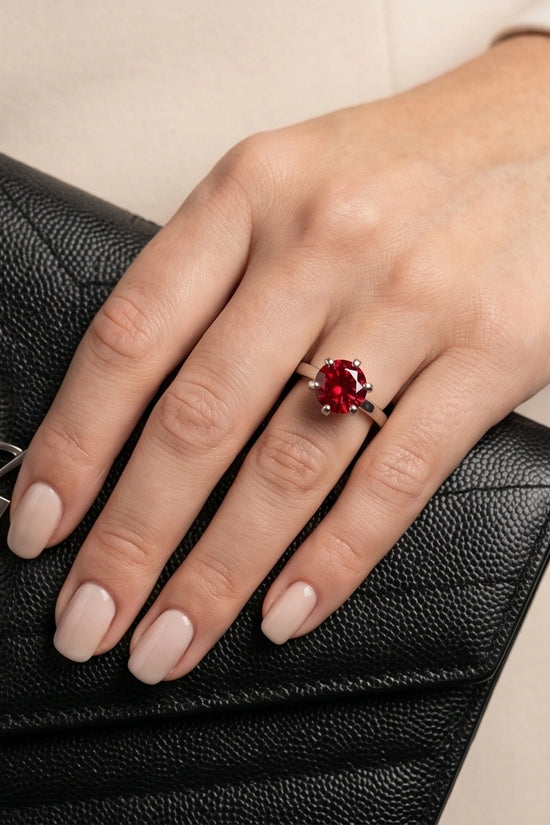 Sterling Silver Round-Cut Red Ruby Solitaire Ring
