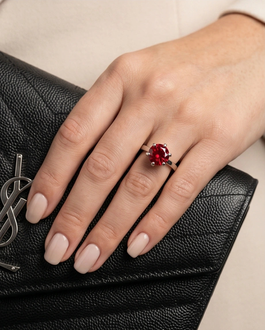Sterling Silver Round-Cut Red Ruby Solitaire Ring