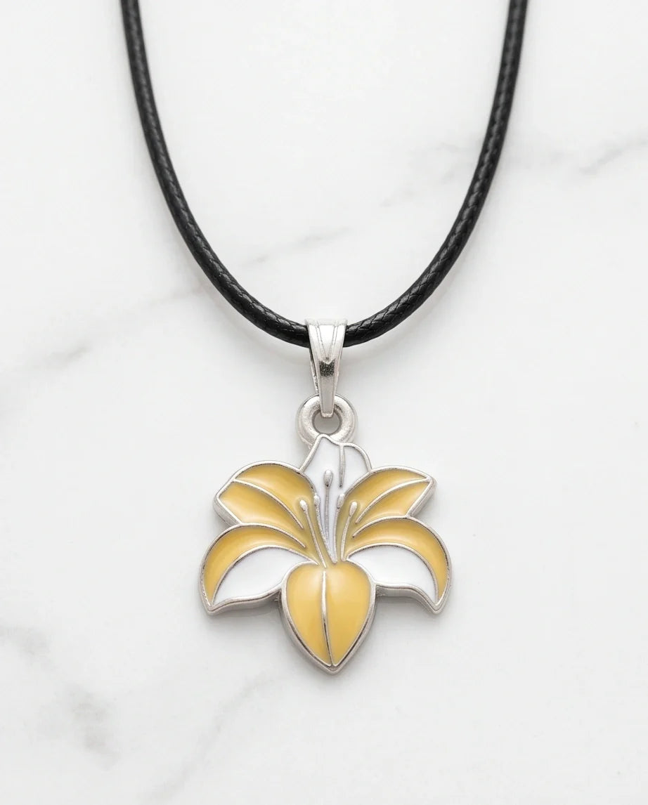 Elegant Pastel Yellow and White Lily Enamel Pendant Necklace
