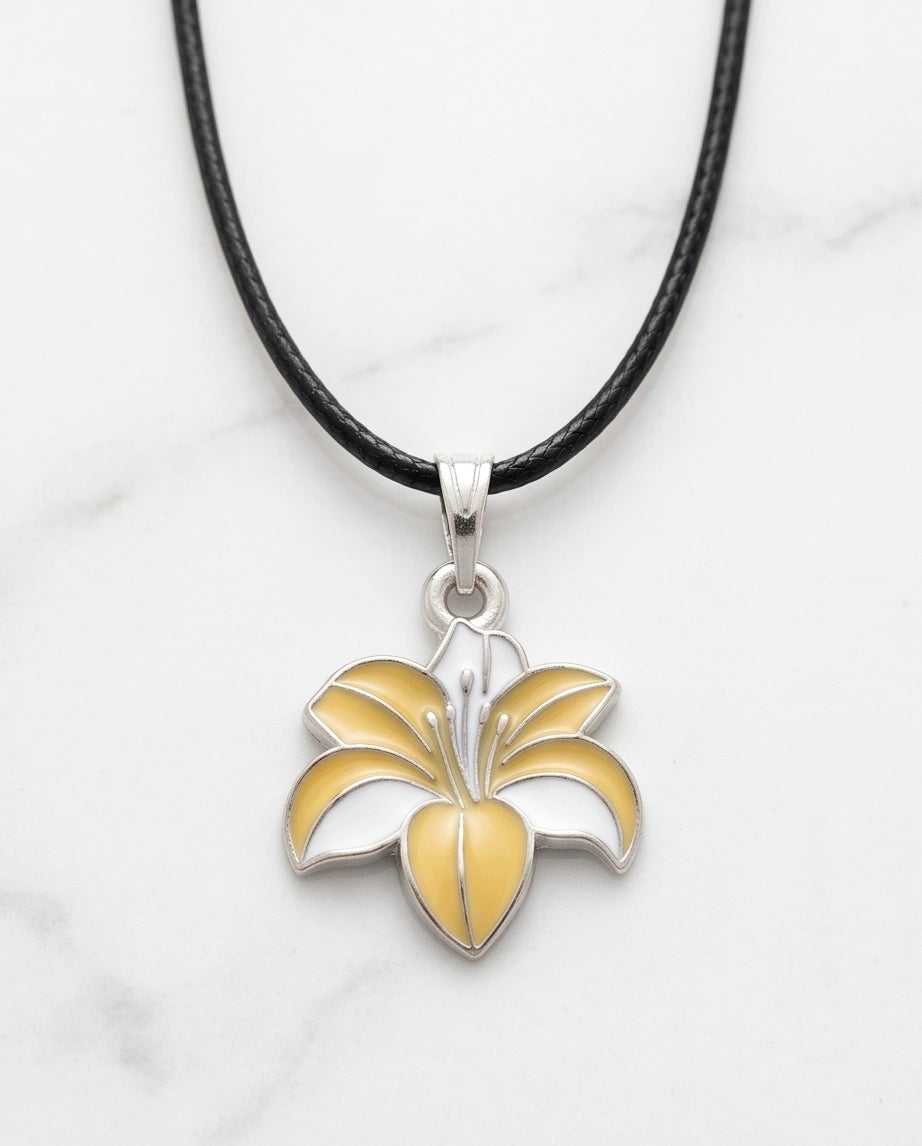 Elegant Pastel Yellow and White Lily Enamel Pendant Necklace