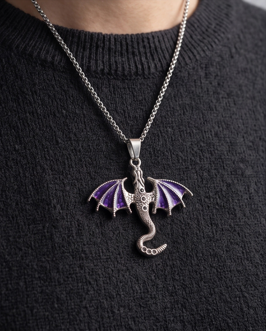 Silver Purple Enamel Dragon Wyvern Pendant Necklace