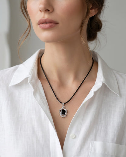 Liquid Metal Rectangular Black Gemstone Necklace