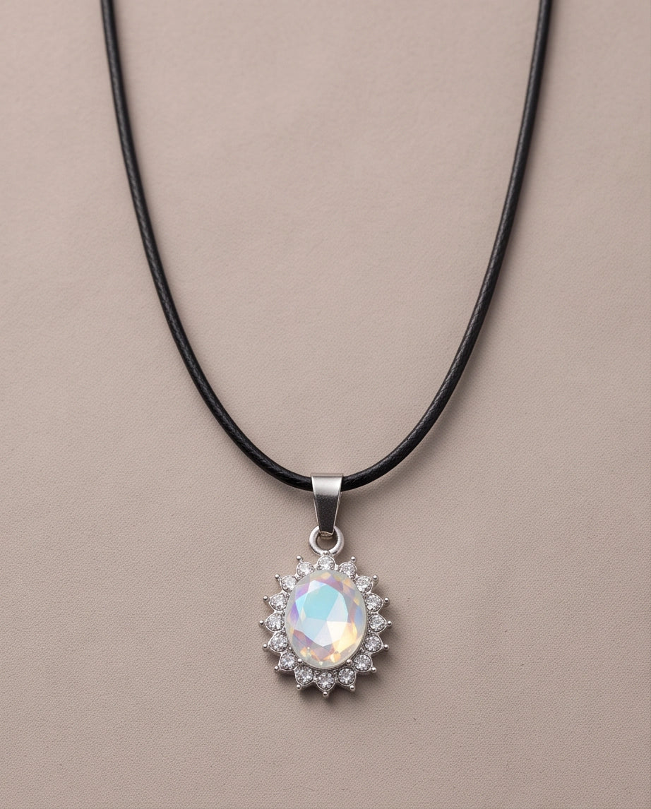 Silver Crystal Oval Halo Medallion Pendant Necklace