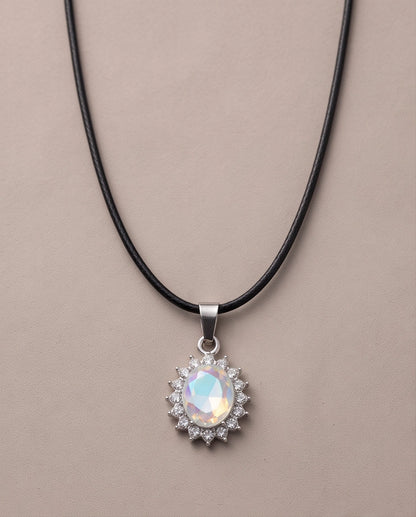 Silver Crystal Oval Halo Medallion Pendant Necklace