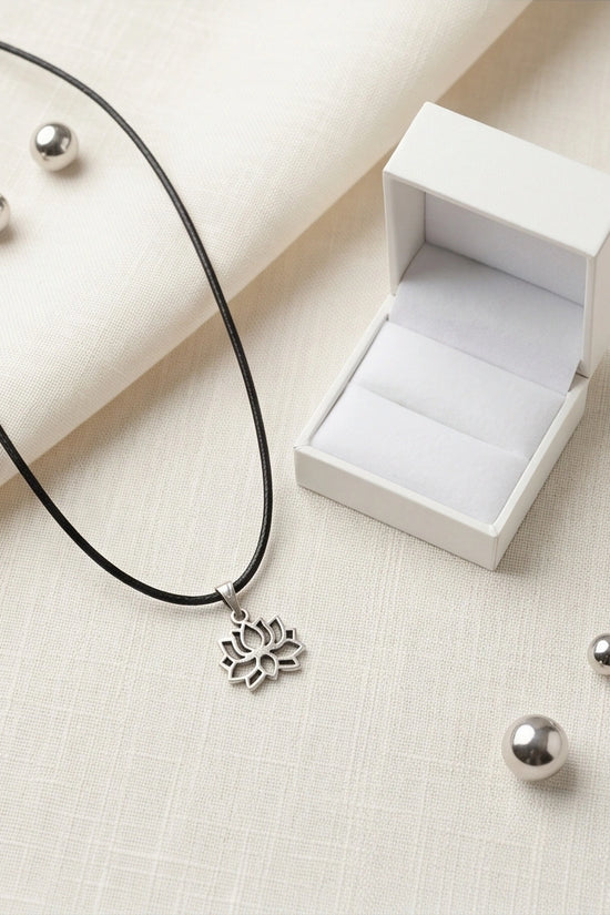 The Zen Bloom: Geometric Matte Silver Lotus Pendant Necklace