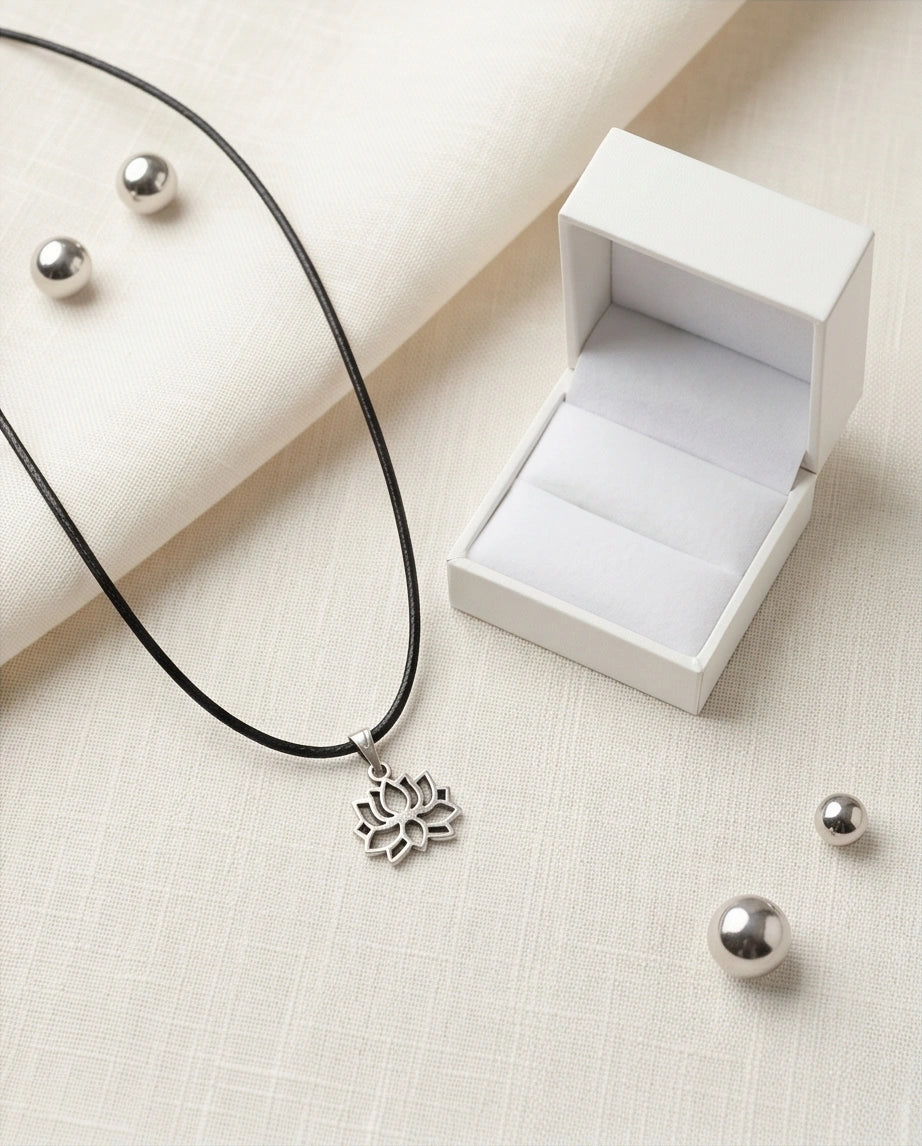The Zen Bloom: Geometric Matte Silver Lotus Pendant Necklace